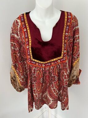 Ivy Jane Paisley Burgundy Velvet Yoke Top Sz. M